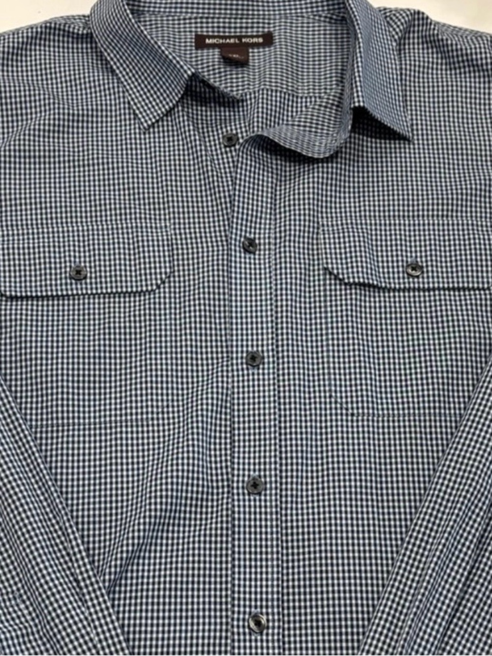 Michael Kors Navy and White Micro Gingham Button-Up Shirt